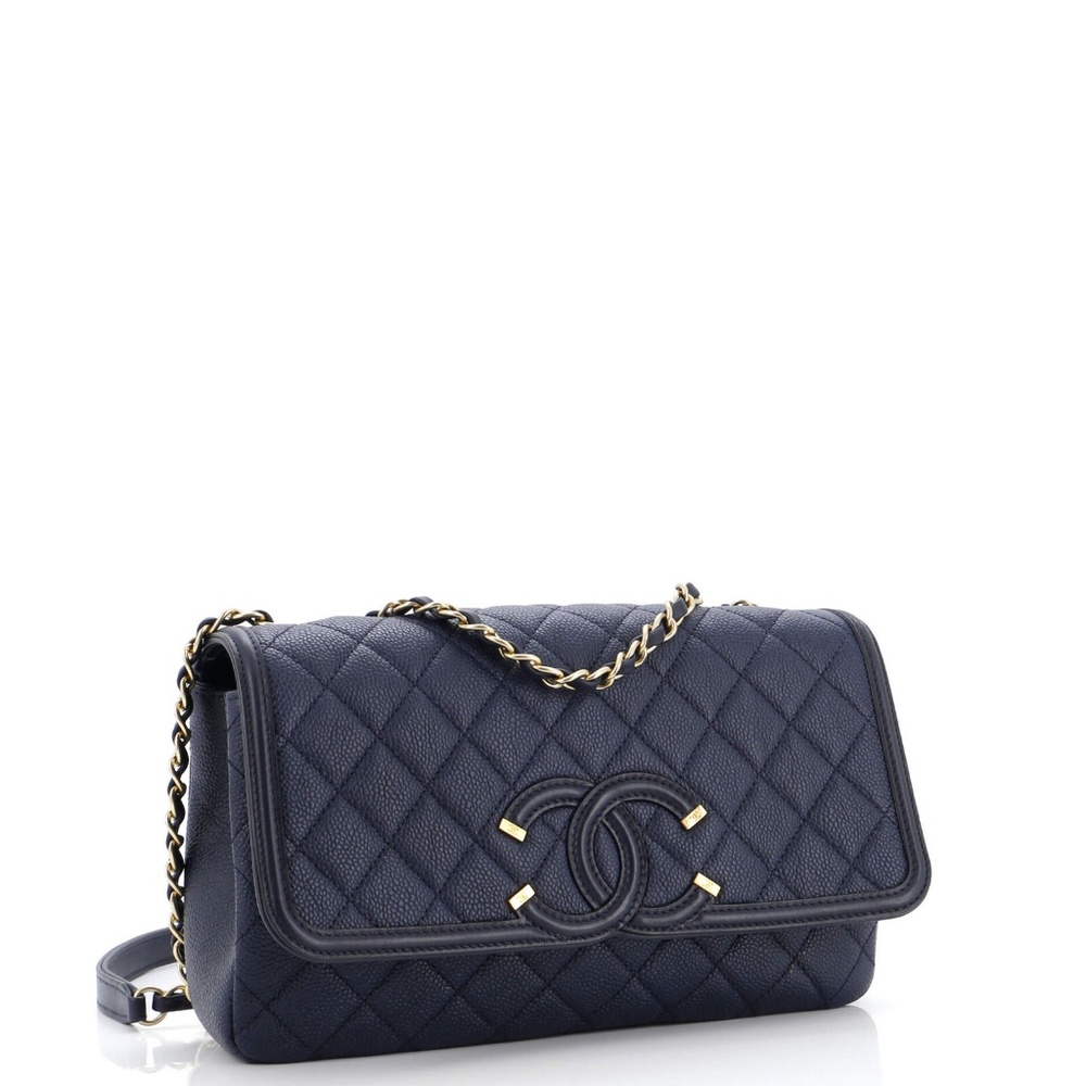 SOLD CHANEL Excellent Condition Filigree Medium Flap Quilted Caviar Bag Navy